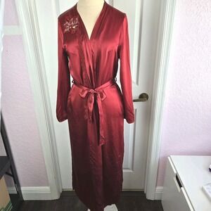 Borner Collection Red Long Silk Robe Size 6 Applique Pockets Lingerie Kimono